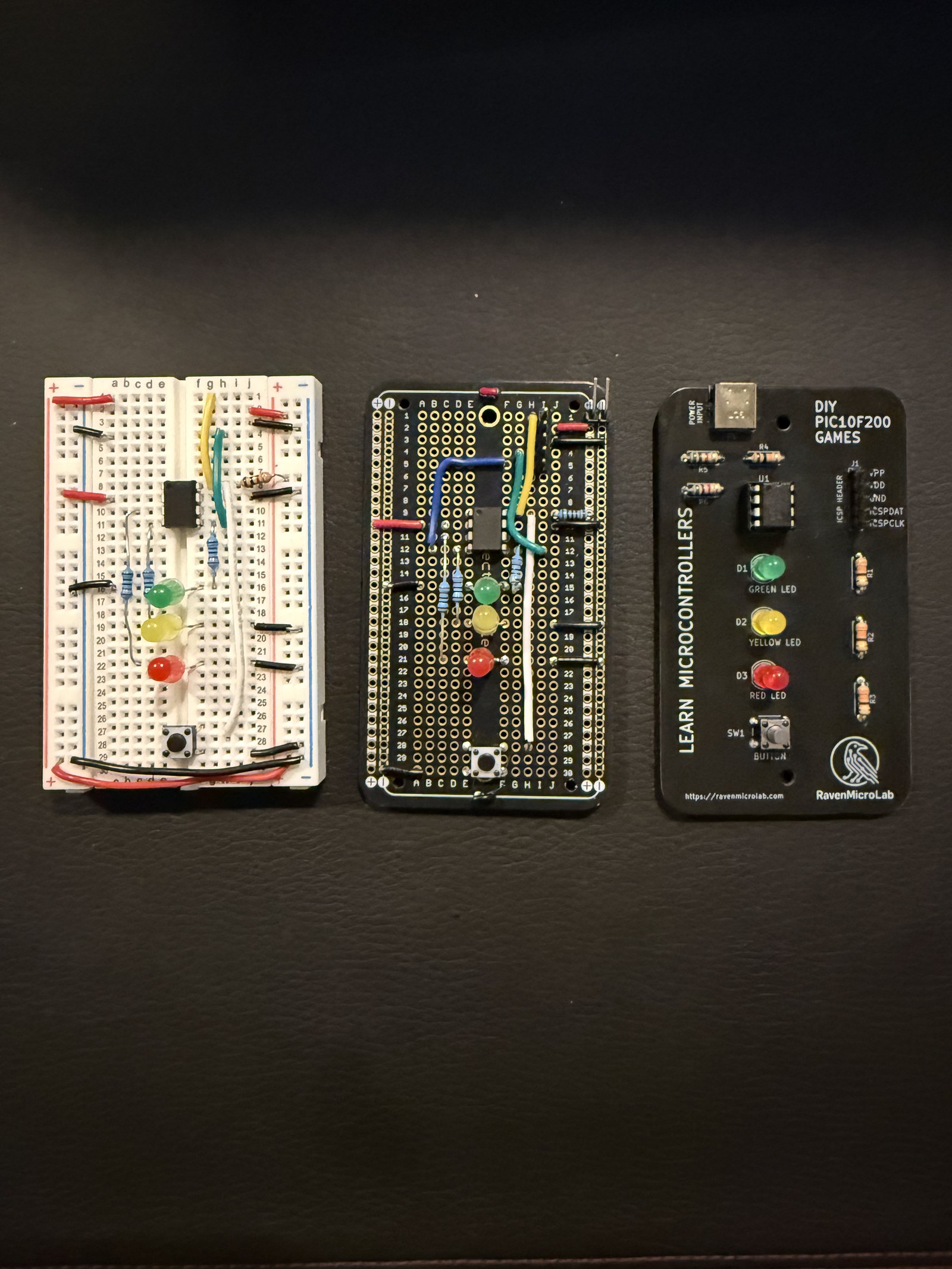 Breadboard, perfboard, and PCB versions of the PIC10 Games project lined up